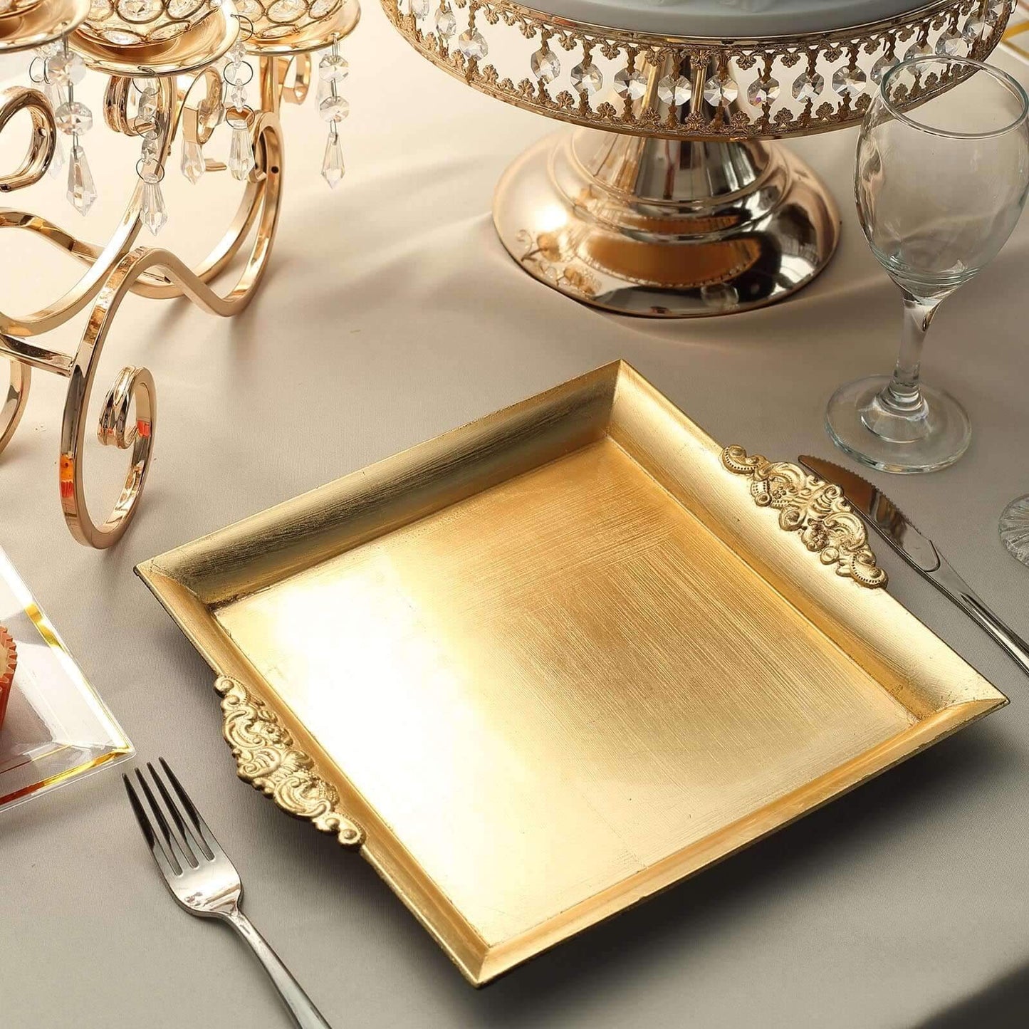 2 - Pack Acrylic Square Serving Trays 10" in Metallic Gold with Embossed Handles, Decorative Dinner Party Food Platters - Linen Luxes