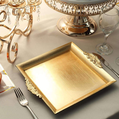 2 - Pack Acrylic Square Serving Trays 10" in Metallic Gold with Embossed Handles, Decorative Dinner Party Food Platters - Linen Luxes