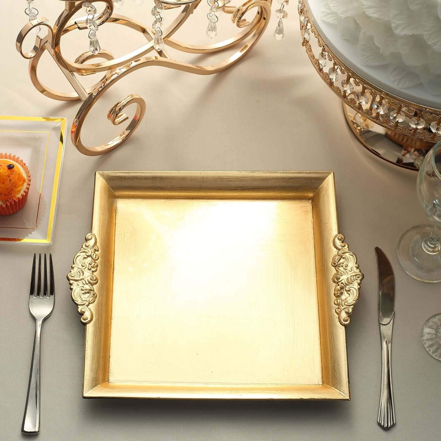 2 - Pack Acrylic Square Serving Trays 10" in Metallic Gold with Embossed Handles, Decorative Dinner Party Food Platters - Linen Luxes