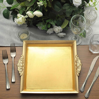 2 - Pack Acrylic Square Serving Trays 10" in Metallic Gold with Embossed Handles, Decorative Dinner Party Food Platters - Linen Luxes