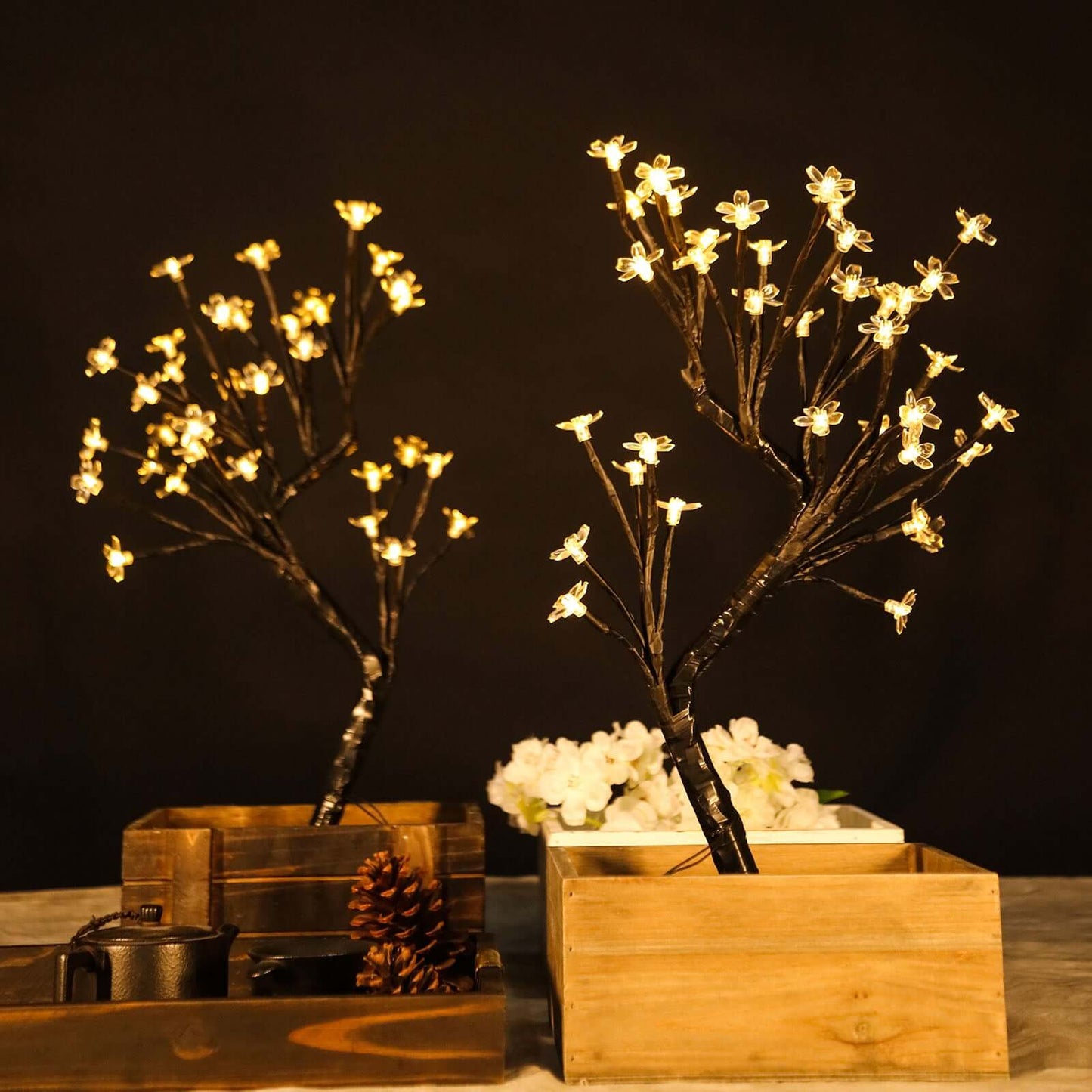 2 - Pack Artificial Tree Centerpieces Cherry Blossom Design Black with 36 Warm White LEDs - Battery Operated Table DÃ©cor - Linen Luxes