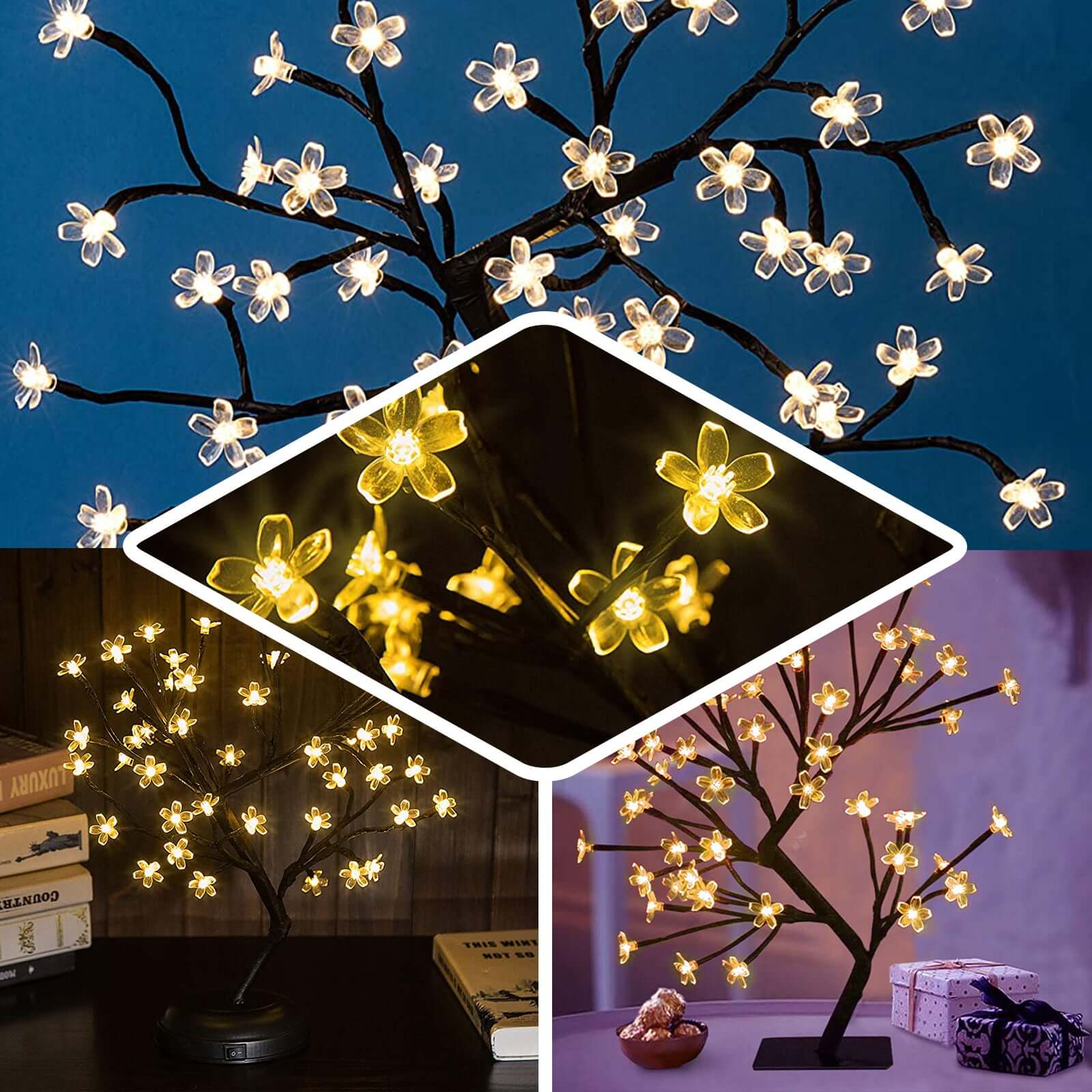 2 - Pack Artificial Tree Centerpieces Cherry Blossom Design Black with 36 Warm White LEDs - Battery Operated Table DÃ©cor - Linen Luxes