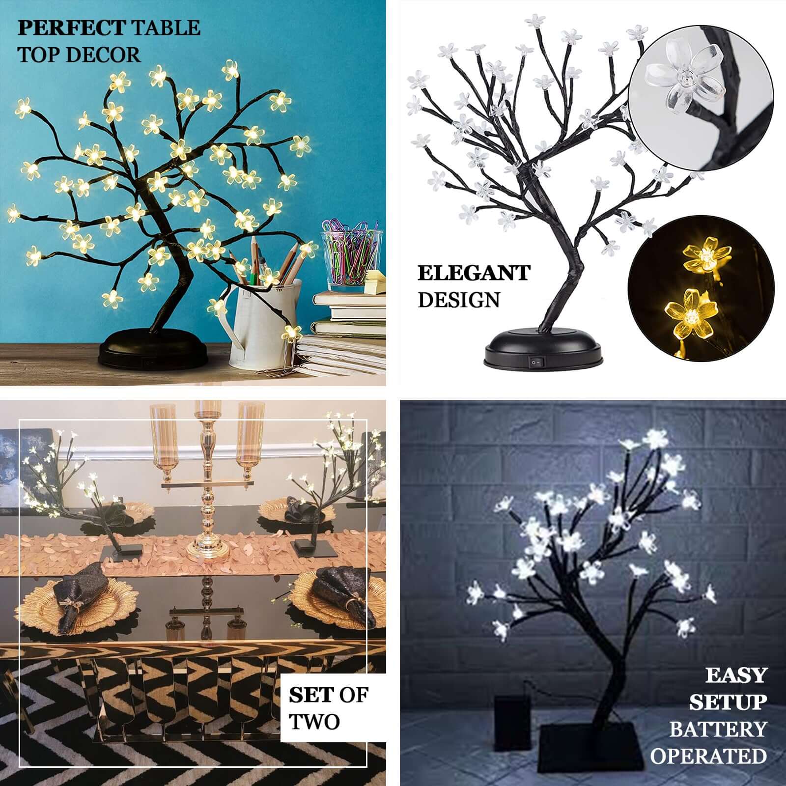 2 - Pack Artificial Tree Centerpieces Cherry Blossom Design Black with 36 Warm White LEDs - Battery Operated Table DÃ©cor - Linen Luxes