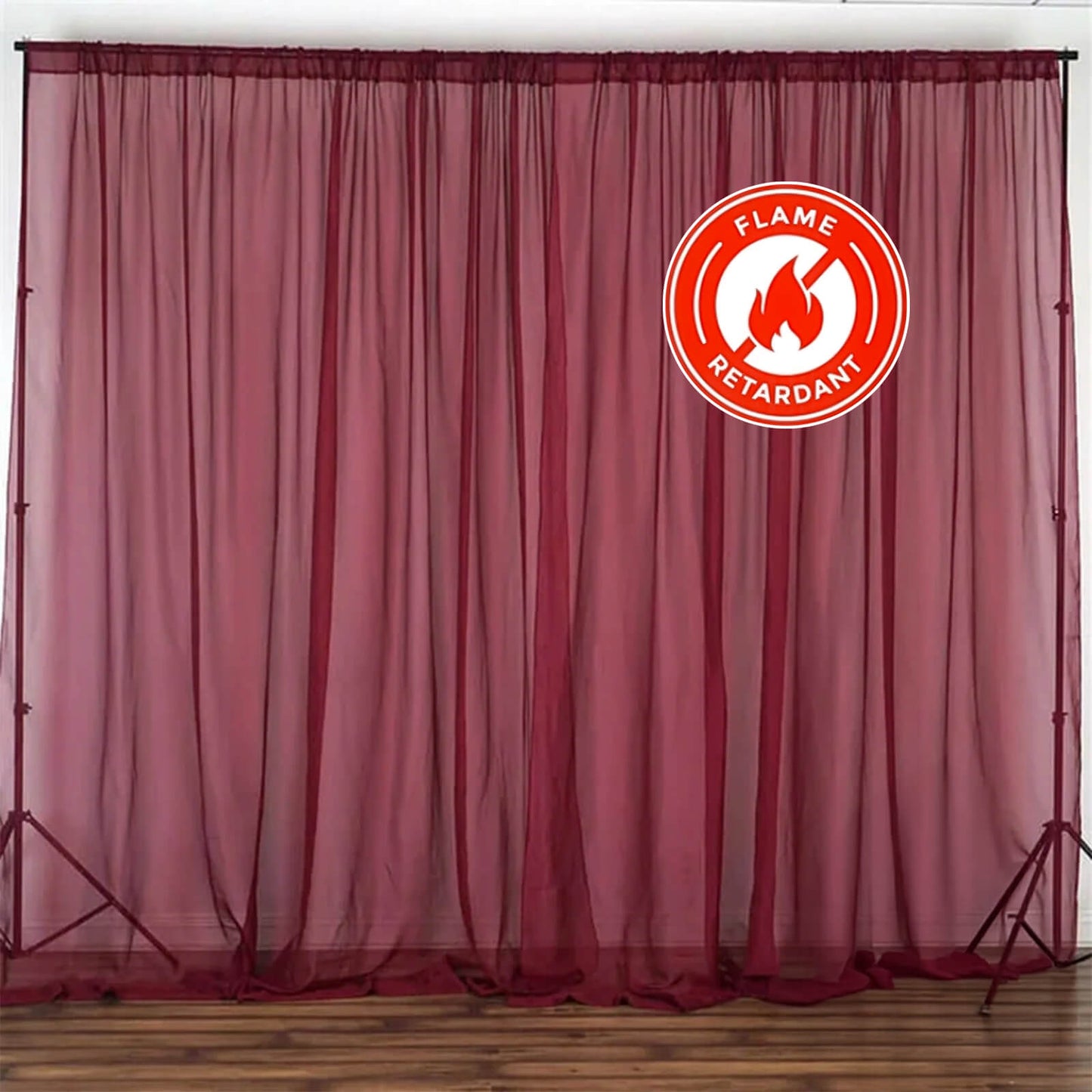 2 Pack Burgundy Sheer Chiffon Event Curtain Drapes, Durable Flame Resistant Organza Backdrop Event Panels With Rod Pockets - 10ftx10ft - Linen Luxes