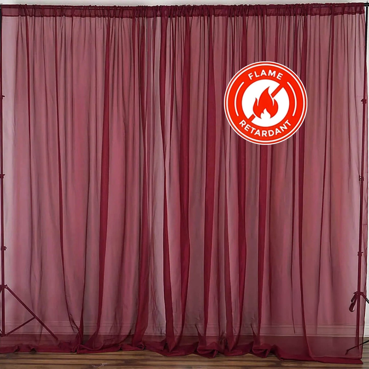 2 Pack Burgundy Sheer Chiffon Event Curtain Drapes, Durable Flame Resistant Organza Backdrop Event Panels With Rod Pockets - 10ftx10ft - Linen Luxes