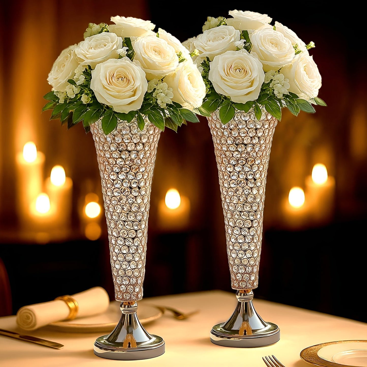 2 - Pack Crystal Beaded Trumpet Vase Set Gold - Table Centerpiece for Stylish Decor 22" - Linen Luxes