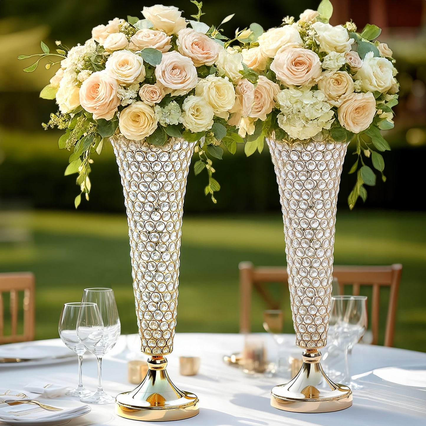2 - Pack Crystal Beaded Trumpet Vase Set Gold - Table Centerpiece for Stylish Decor 22" - Linen Luxes