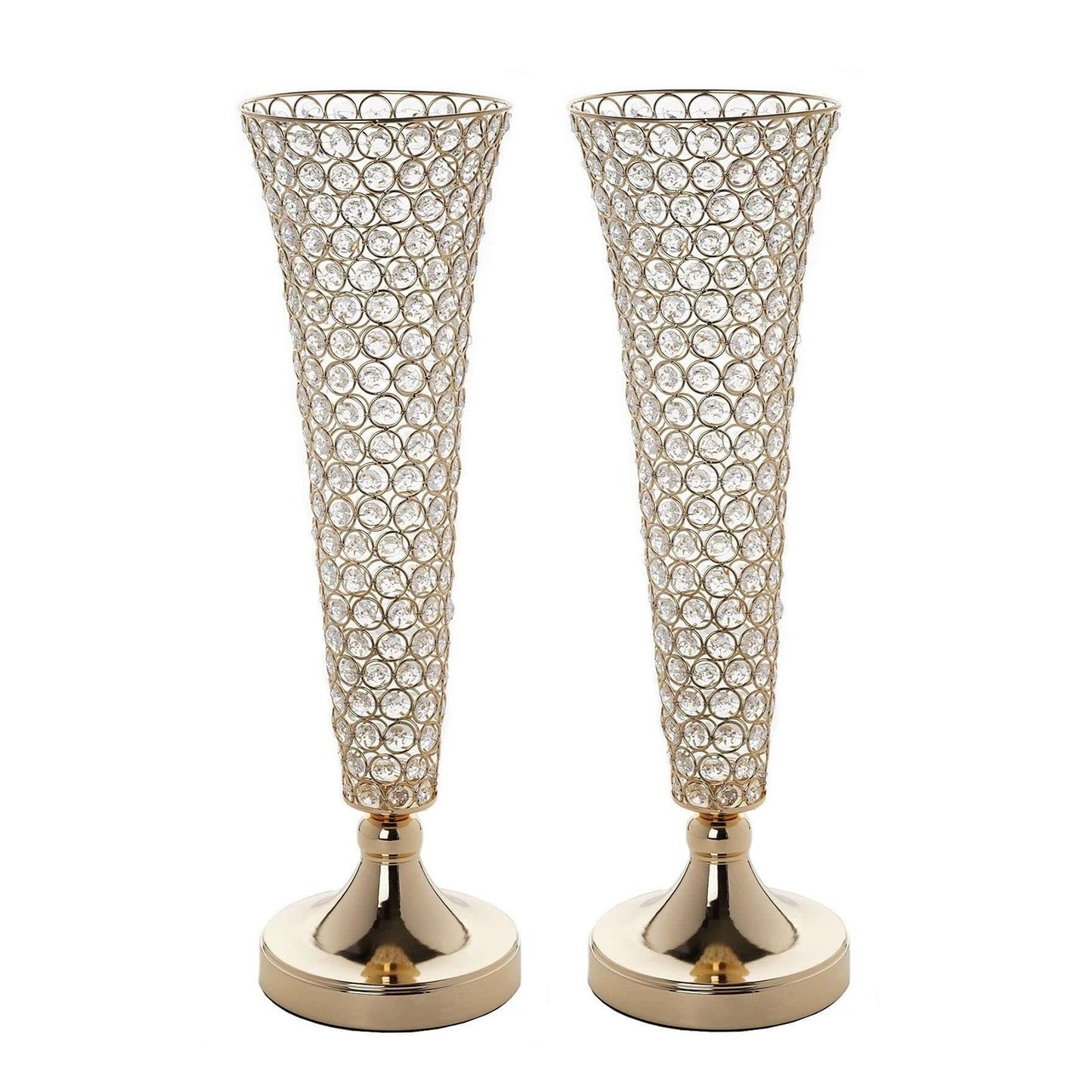 2 - Pack Crystal Beaded Trumpet Vase Set Gold - Table Centerpiece for Stylish Decor 22" - Linen Luxes