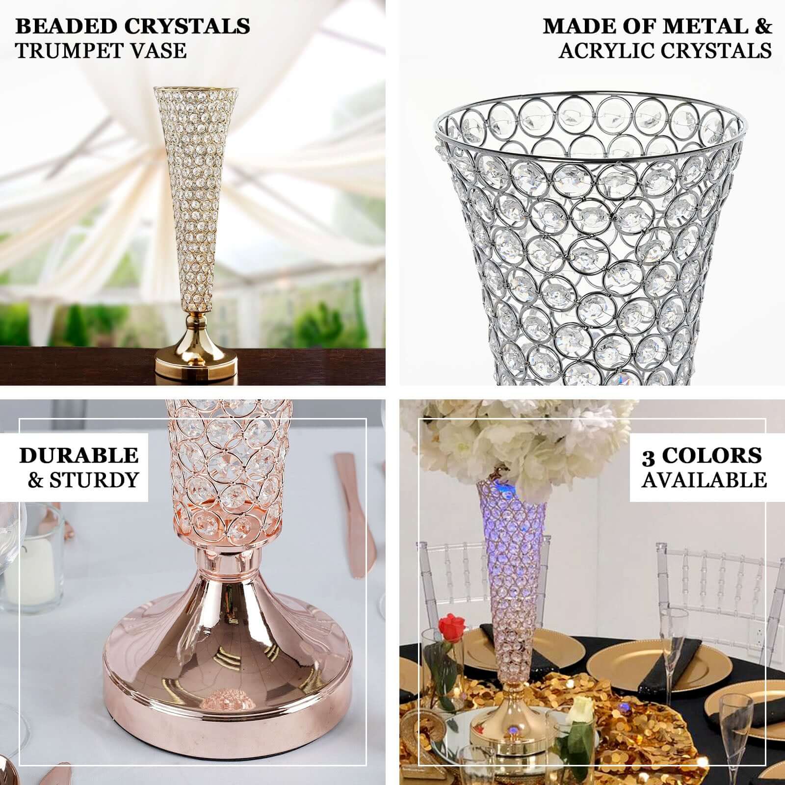 2 - Pack Crystal Beaded Trumpet Vase Set Silver - Table Centerpiece for Stylish Decor 22" - Linen Luxes