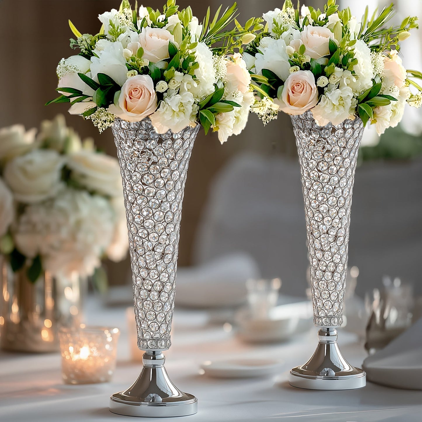 2 - Pack Crystal Beaded Trumpet Vase Set Silver - Table Centerpiece for Stylish Decor 22" - Linen Luxes