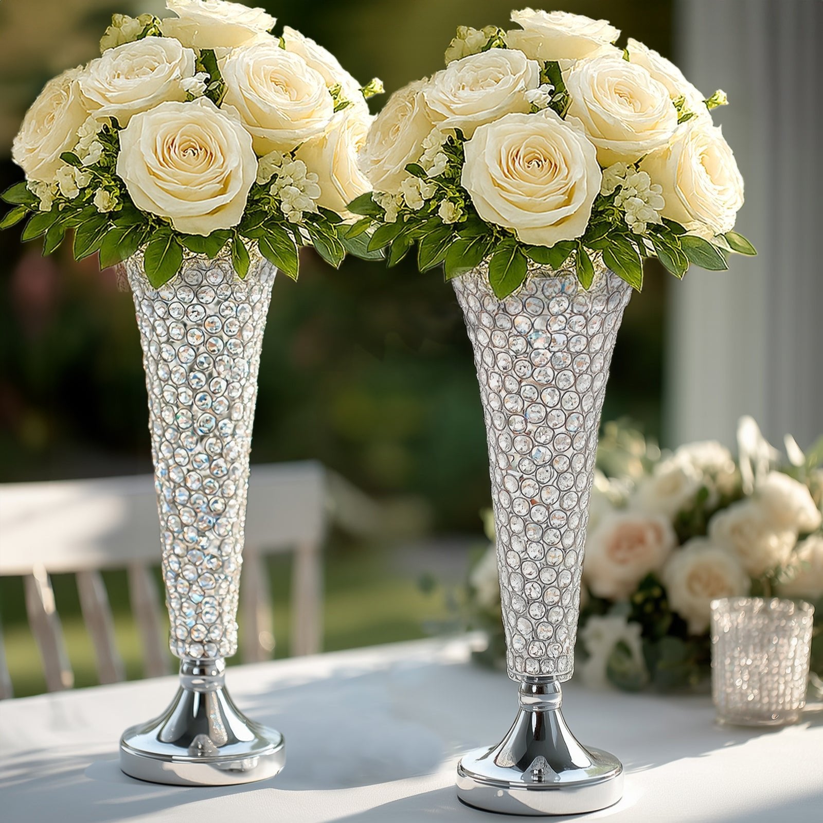 2 - Pack Crystal Beaded Trumpet Vase Set Silver - Table Centerpiece for Stylish Decor 22" - Linen Luxes