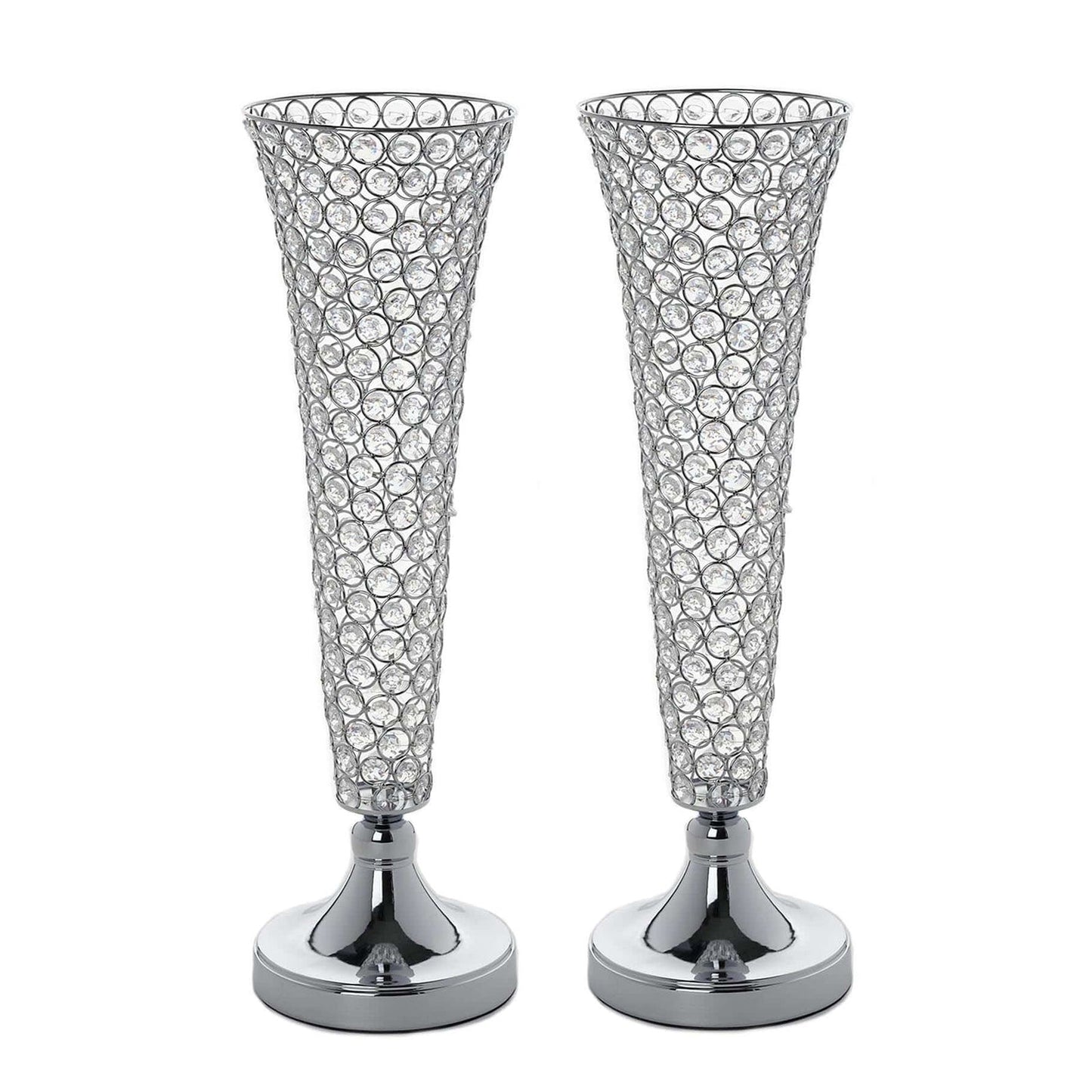 2 - Pack Crystal Beaded Trumpet Vase Set Silver - Table Centerpiece for Stylish Decor 22" - Linen Luxes