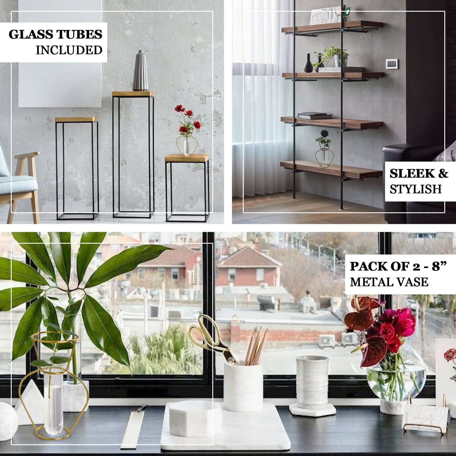 2 - Pack Flower Stands Gold Metal Frame Geometric Design - Test Tube Vase Centerpieces 6.5" - Linen Luxes