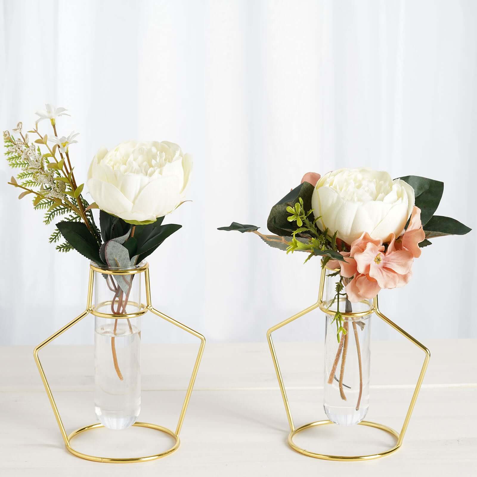 2 - Pack Flower Stands Gold Metal Frame Geometric Design - Test Tube Vase Centerpieces 6.5" - Linen Luxes