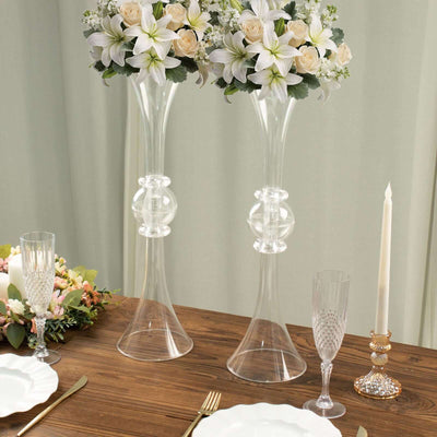 2-Pack Flower Vases Trumpet Design with Crystal Embellishments Clear - Reversible Plastic Table Centerpieces 21"