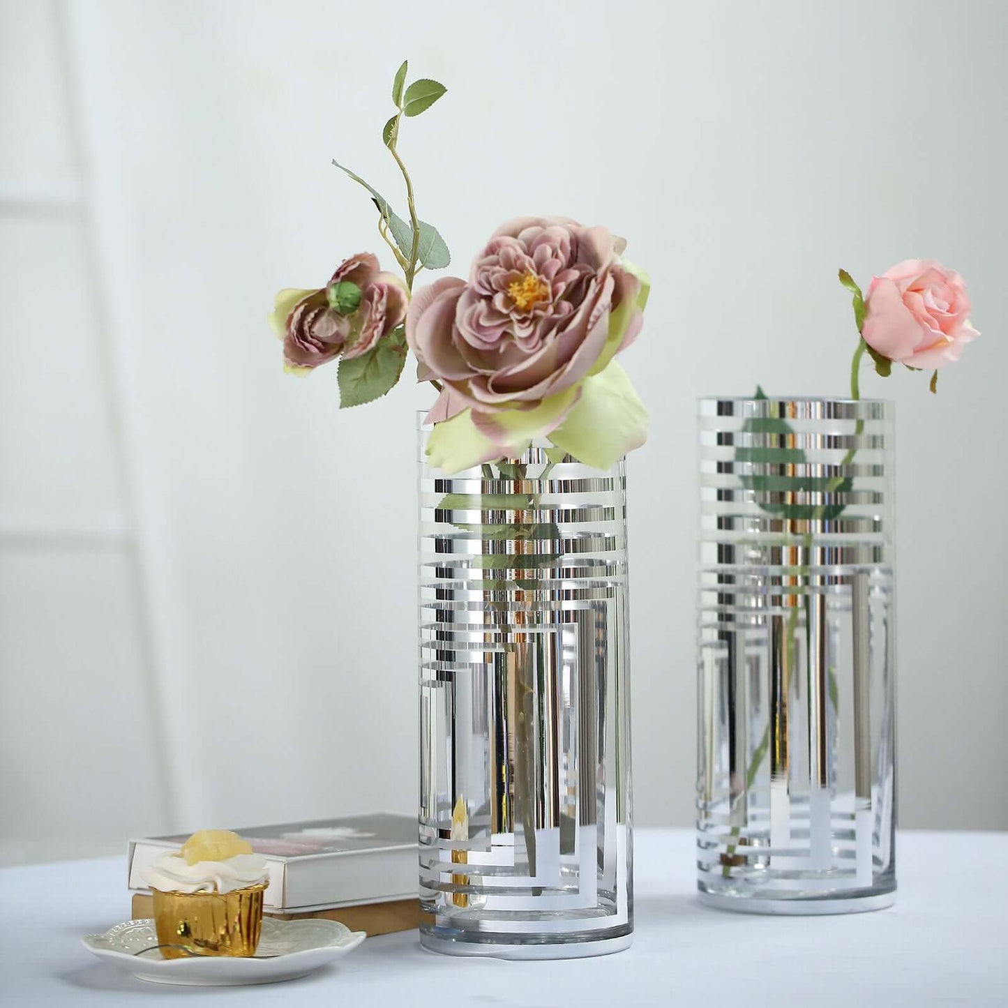 2 - Pack Glass Cylinder Vases Silver Striped - Sophisticated Flower Centerpieces for Events 11" - Linen Luxes