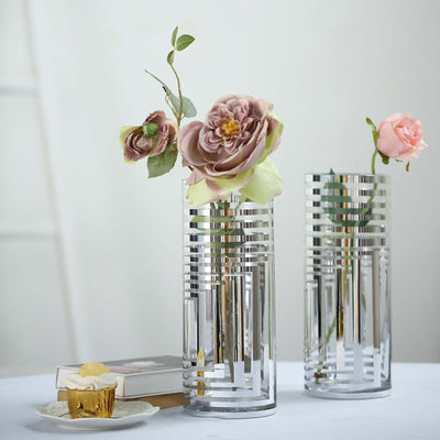2 - Pack Glass Cylinder Vases Silver Striped - Sophisticated Flower Centerpieces for Events 11" - Linen Luxes