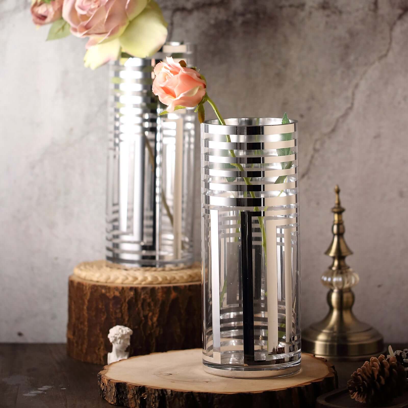 2 - Pack Glass Cylinder Vases Silver Striped - Sophisticated Flower Centerpieces for Events 11" - Linen Luxes