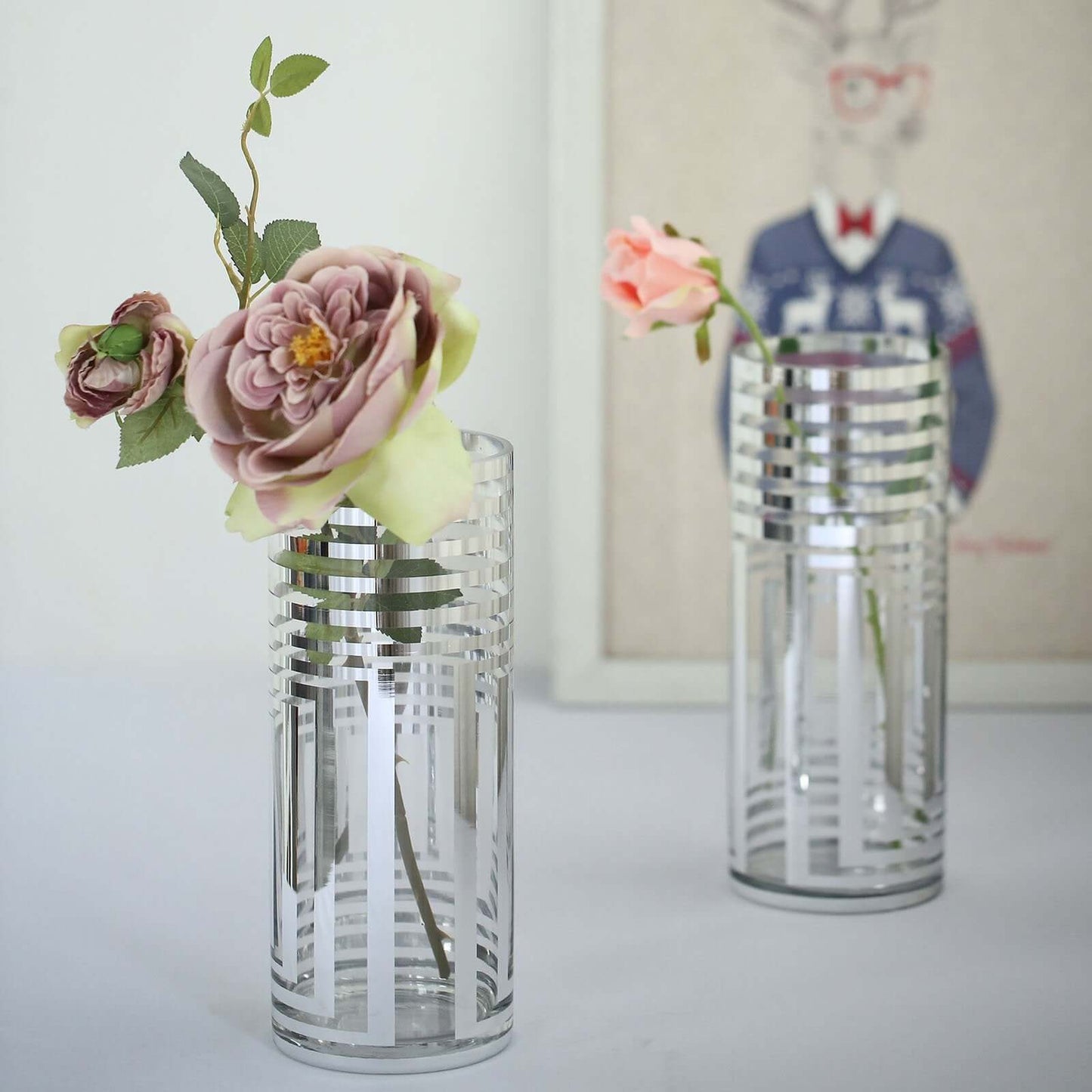 2 - Pack Glass Cylinder Vases Silver Striped - Sophisticated Flower Centerpieces for Events 11" - Linen Luxes