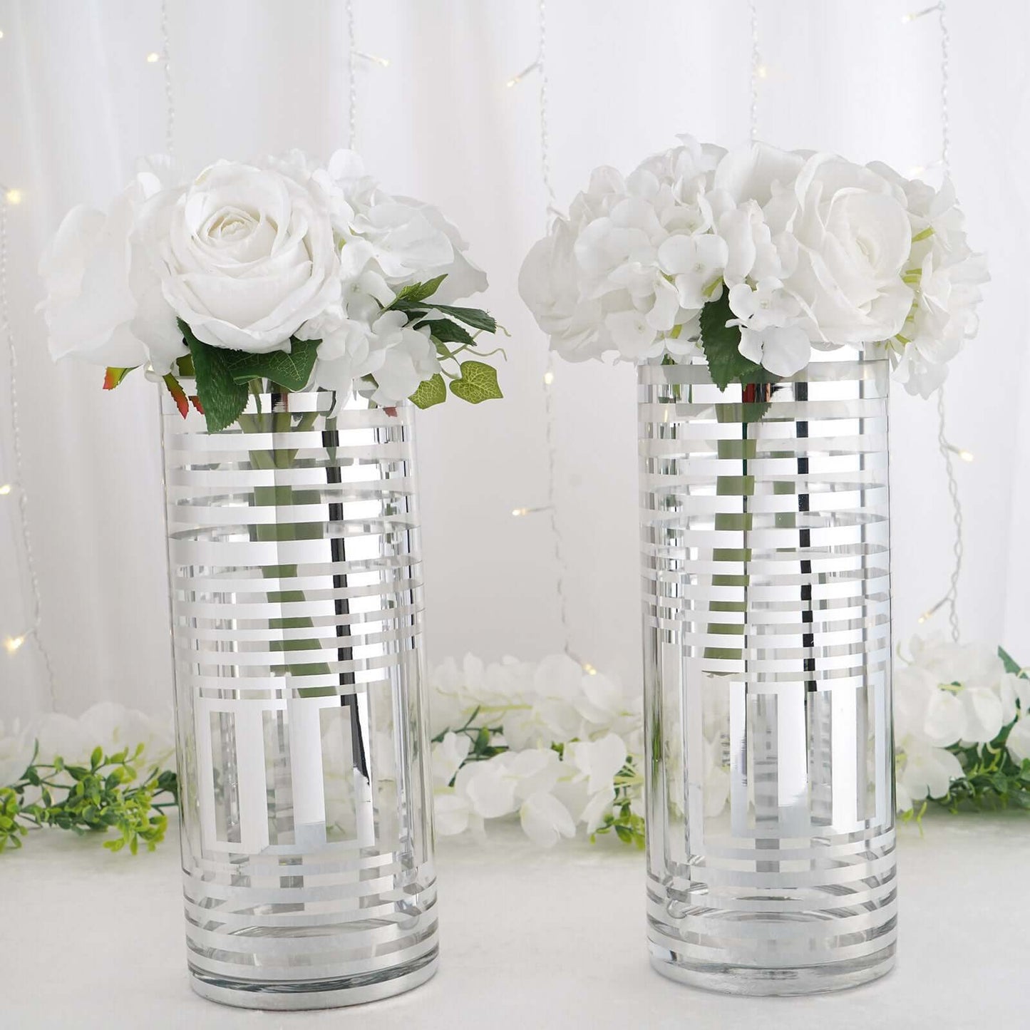 2 - Pack Glass Cylinder Vases Silver Striped - Sophisticated Flower Centerpieces for Events 11" - Linen Luxes