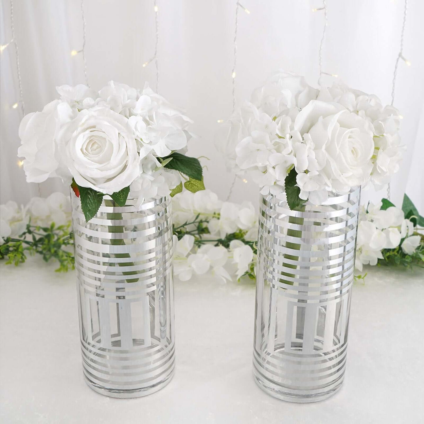 2 - Pack Glass Cylinder Vases Silver Striped - Sophisticated Flower Centerpieces for Events 11" - Linen Luxes