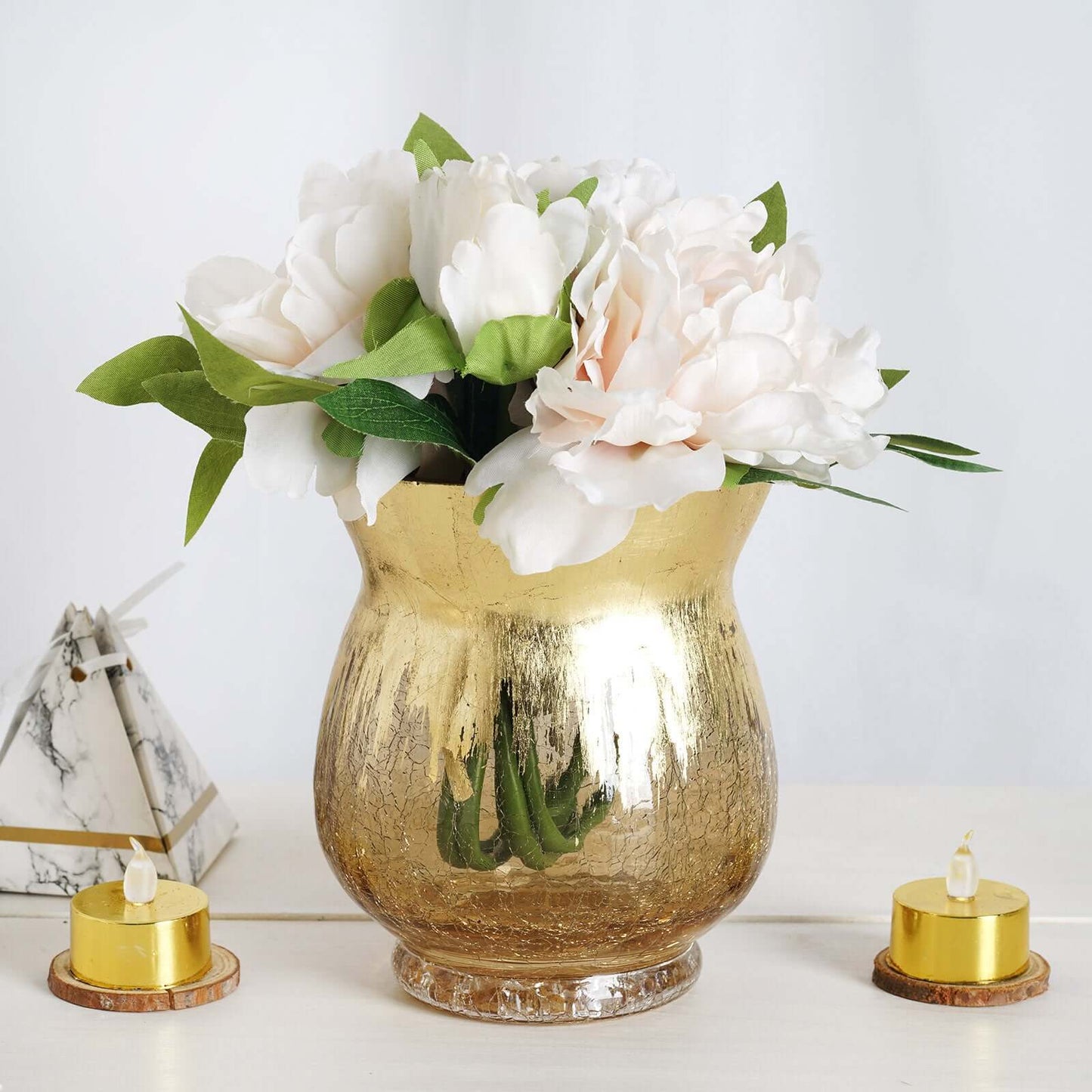 2 - Pack Glass Hurricane Vases Bell Shaped Crackle Gold Curvy Design - Decorative Candle Holder Centerpieces 6" - Linen Luxes