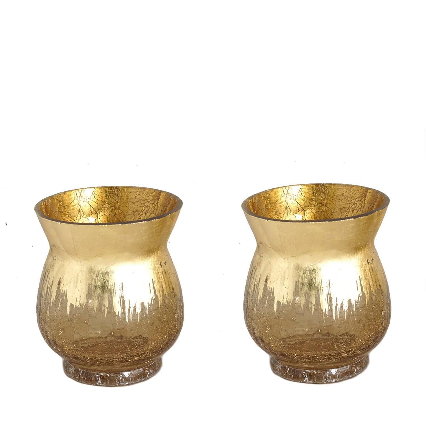 2 - Pack Glass Hurricane Vases Bell Shaped Crackle Gold Curvy Design - Decorative Candle Holder Centerpieces 6" - Linen Luxes