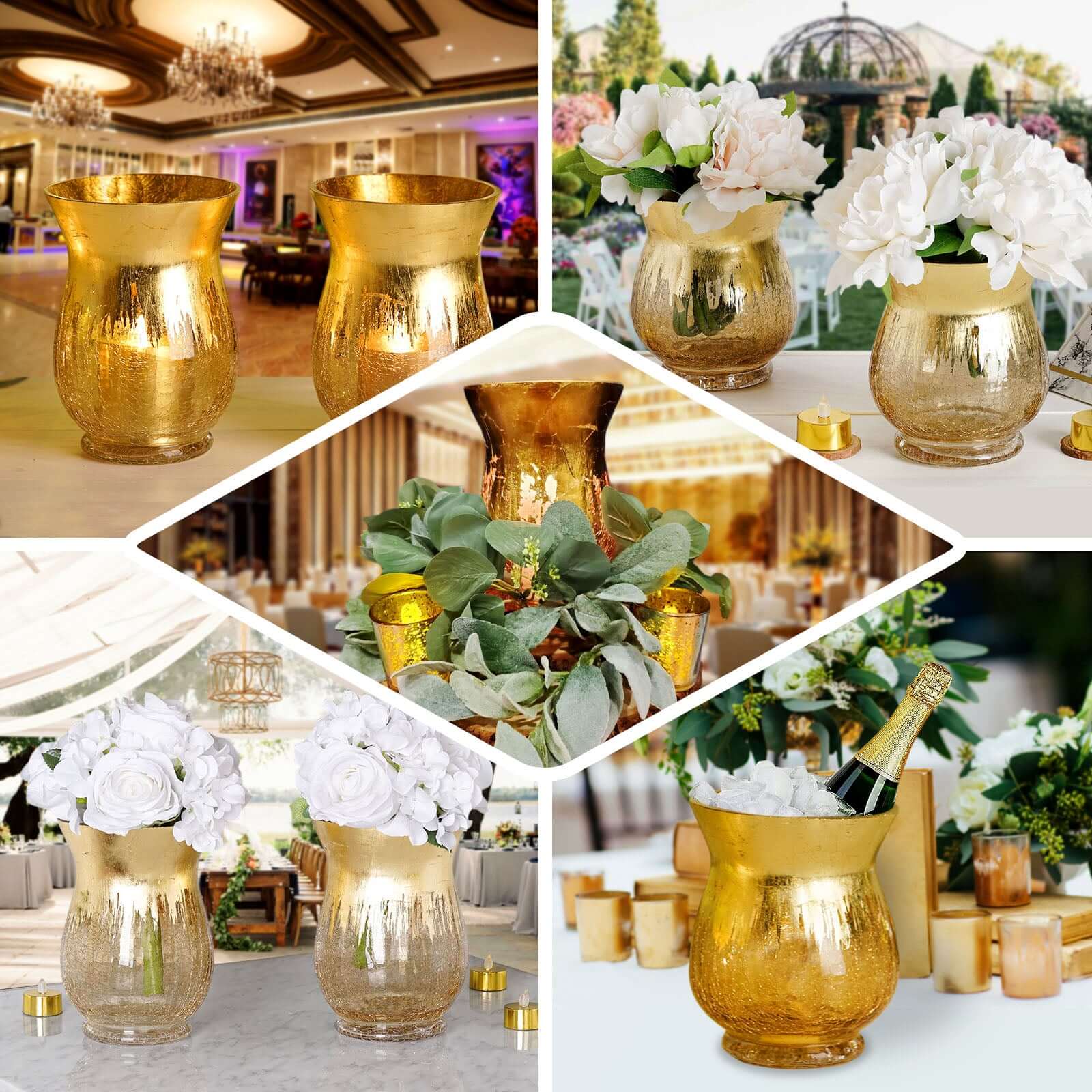 2 - Pack Glass Hurricane Vases Bell Shaped Crackle Gold Curvy Design - Decorative Candle Holder Centerpieces 6" - Linen Luxes