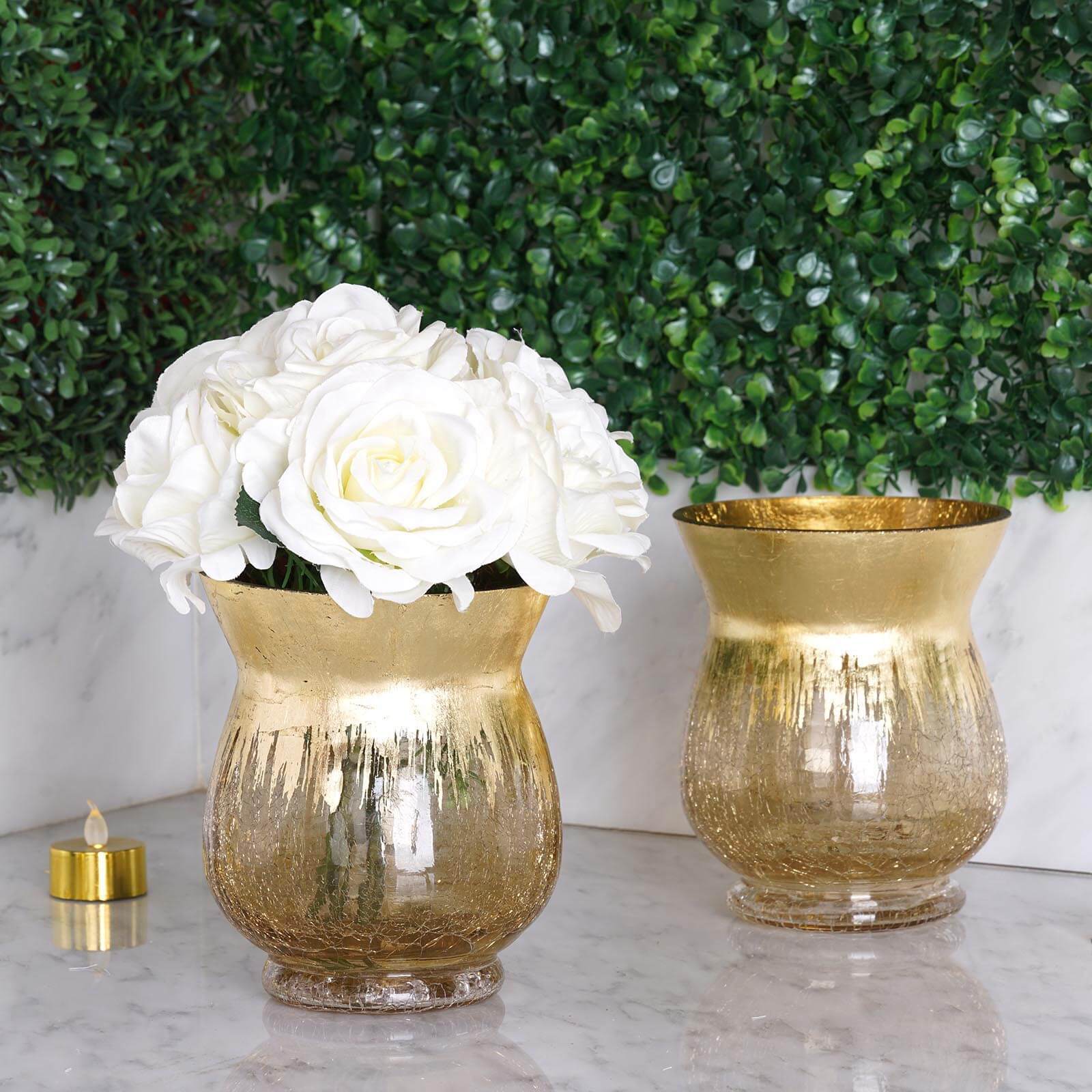 2 - Pack Glass Hurricane Vases Bell Shaped Crackle Gold Curvy Design - Decorative Candle Holder Centerpieces 6" - Linen Luxes