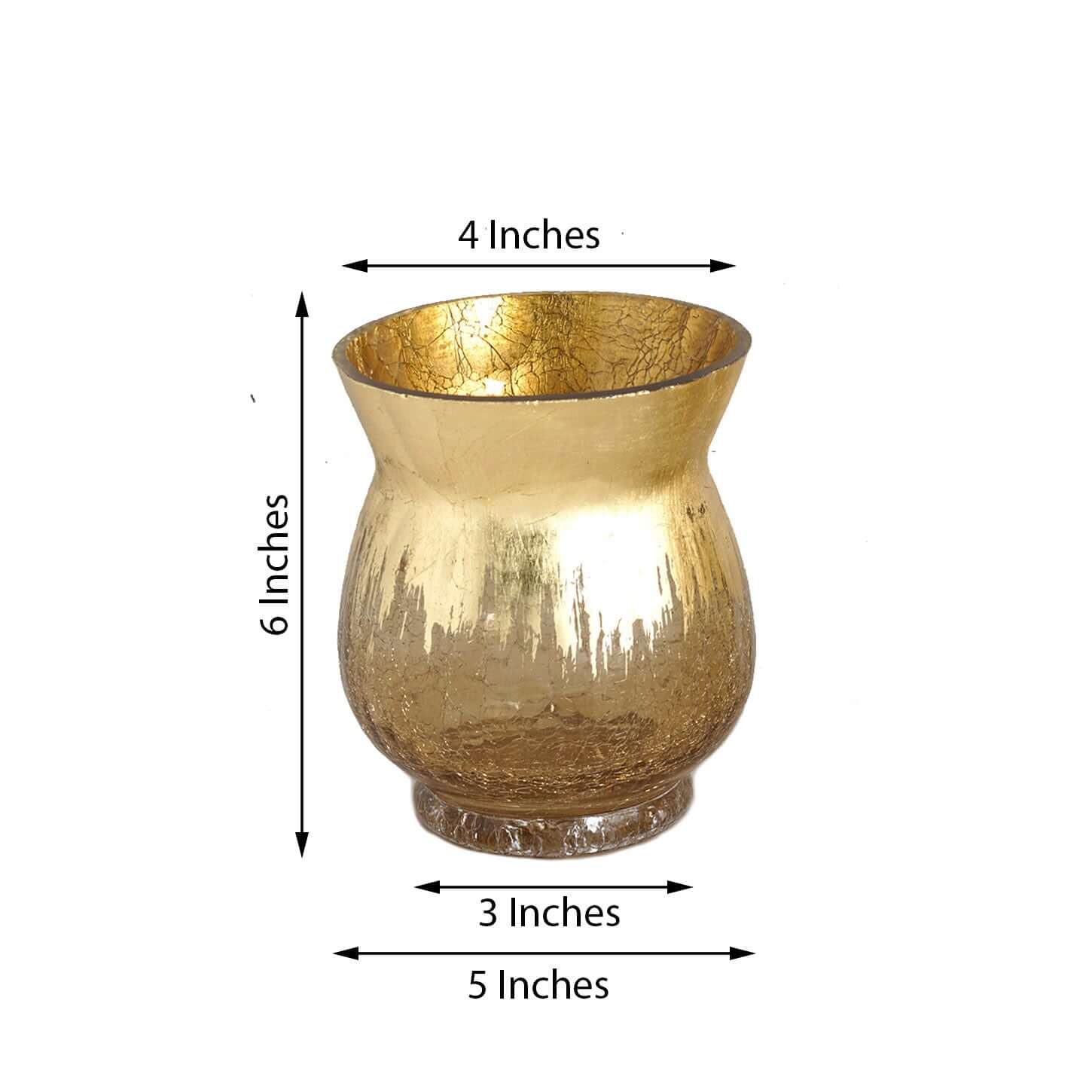 2 - Pack Glass Hurricane Vases Bell Shaped Crackle Gold Curvy Design - Decorative Candle Holder Centerpieces 6" - Linen Luxes