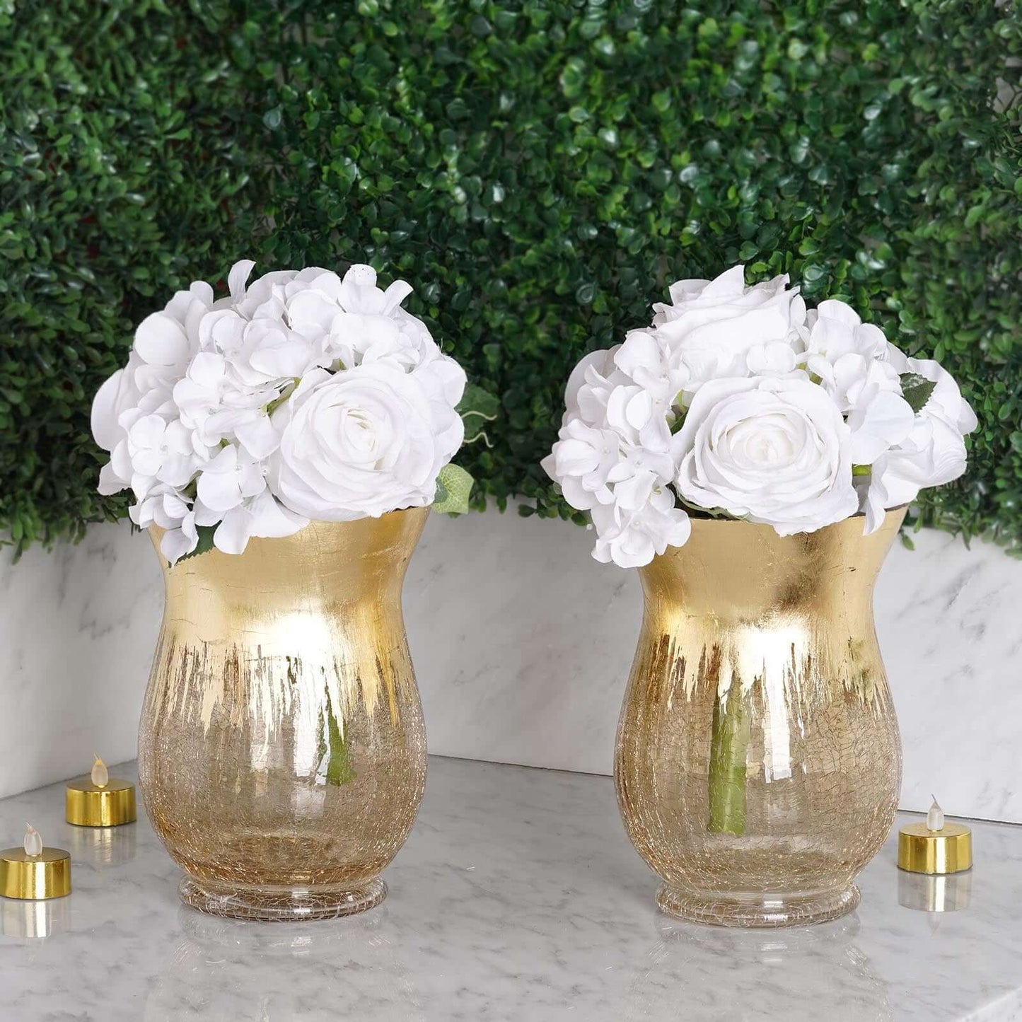 2 - Pack Glass Hurricane Vases Bell Shaped Crackle Gold Curvy Design - Stylish Candle Holder Centerpieces 8" - Linen Luxes