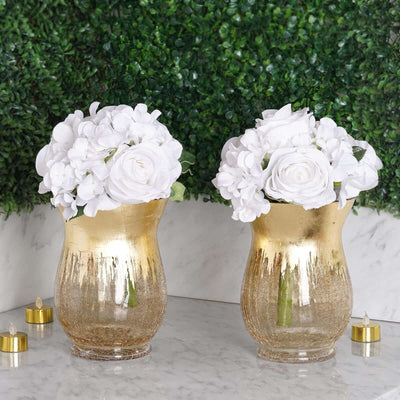 2 - Pack Glass Hurricane Vases Bell Shaped Crackle Gold Curvy Design - Stylish Candle Holder Centerpieces 8" - Linen Luxes
