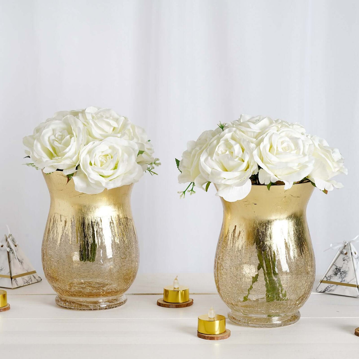 2 - Pack Glass Hurricane Vases Bell Shaped Crackle Gold Curvy Design - Stylish Candle Holder Centerpieces 8" - Linen Luxes