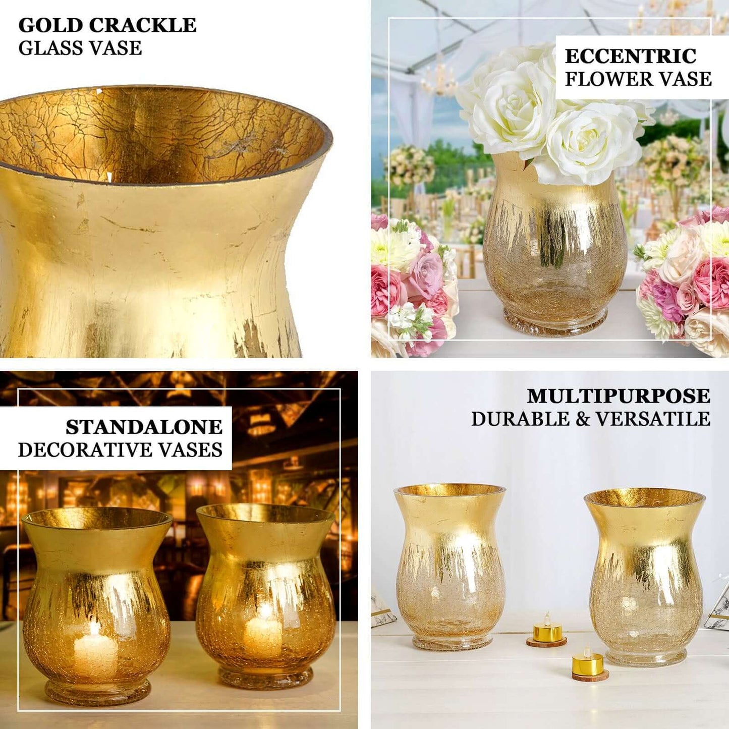 2 - Pack Glass Hurricane Vases Bell Shaped Crackle Gold Curvy Design - Stylish Candle Holder Centerpieces 8" - Linen Luxes