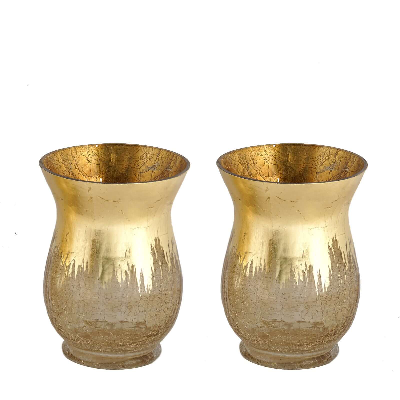 2 - Pack Glass Hurricane Vases Bell Shaped Crackle Gold Curvy Design - Stylish Candle Holder Centerpieces 8" - Linen Luxes