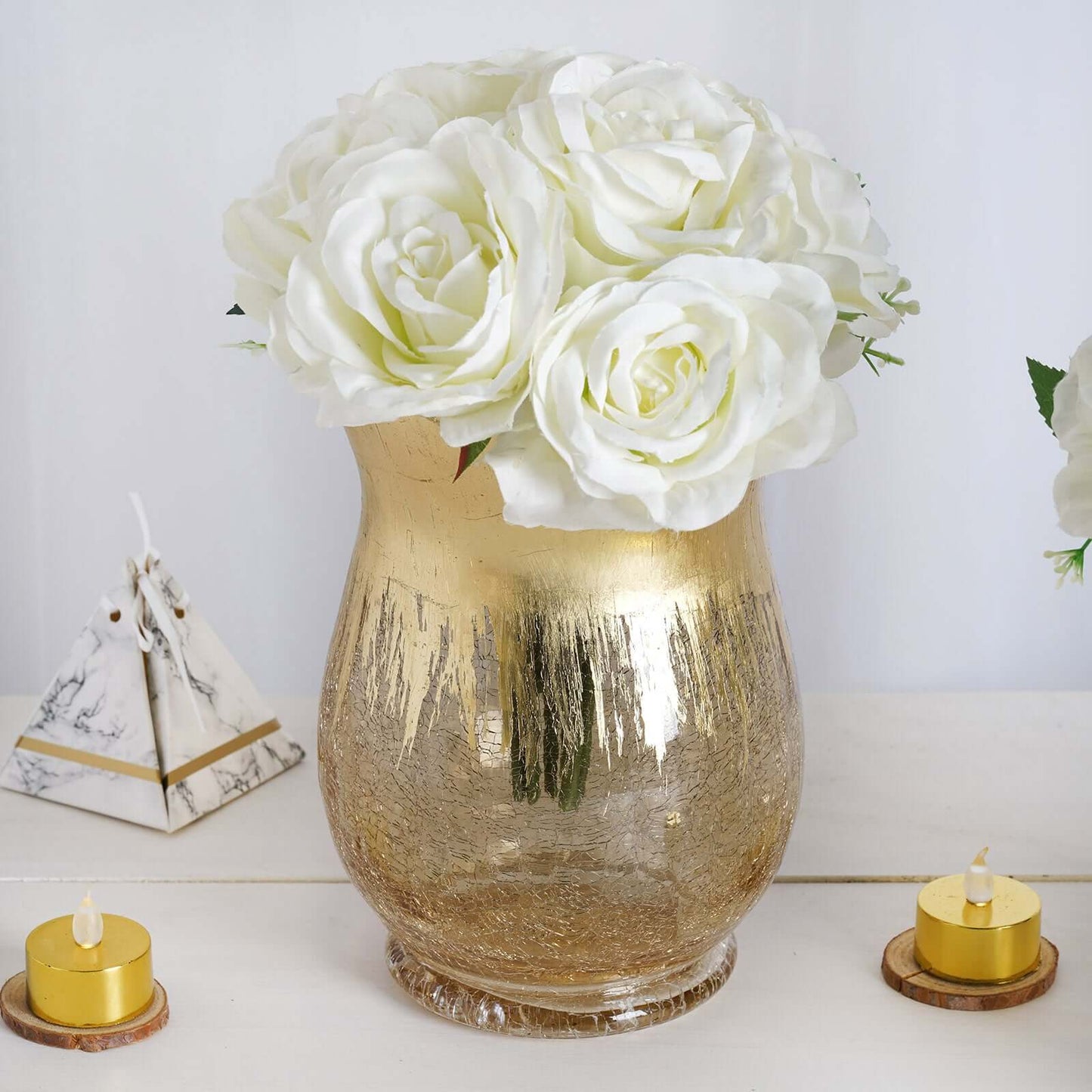2 - Pack Glass Hurricane Vases Bell Shaped Crackle Gold Curvy Design - Stylish Candle Holder Centerpieces 8" - Linen Luxes