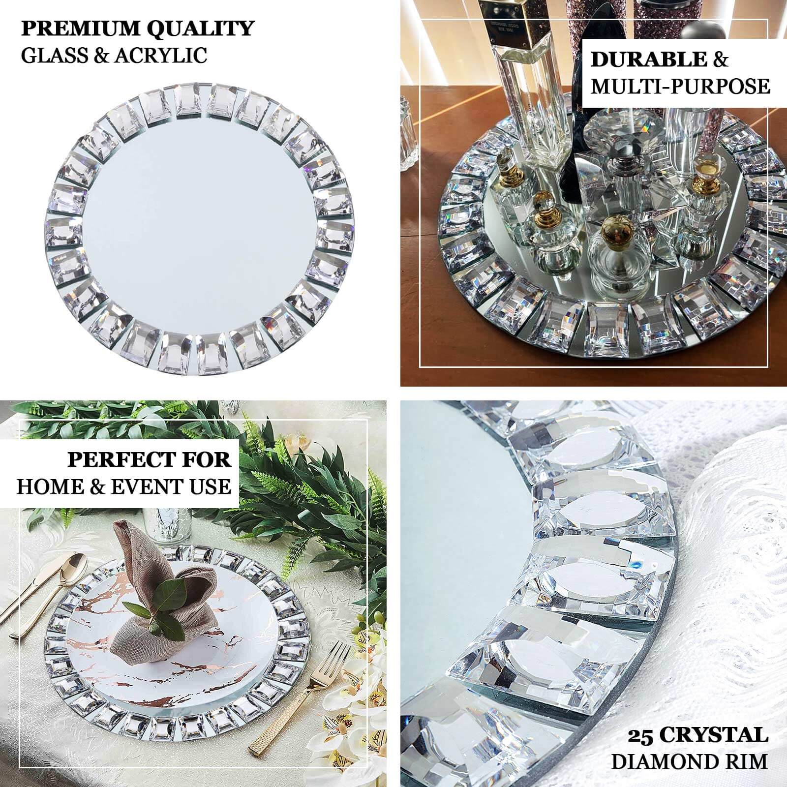 2 - Pack Glass Mirror Round Charger Plates 13" in Silver with Jeweled Rim - Premium Decorative Dinner Party Charger Tableware - Linen Luxes