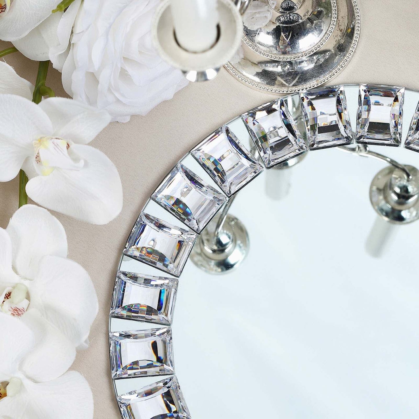 2 - Pack Glass Mirror Round Charger Plates 13" in Silver with Jeweled Rim - Premium Decorative Dinner Party Charger Tableware - Linen Luxes