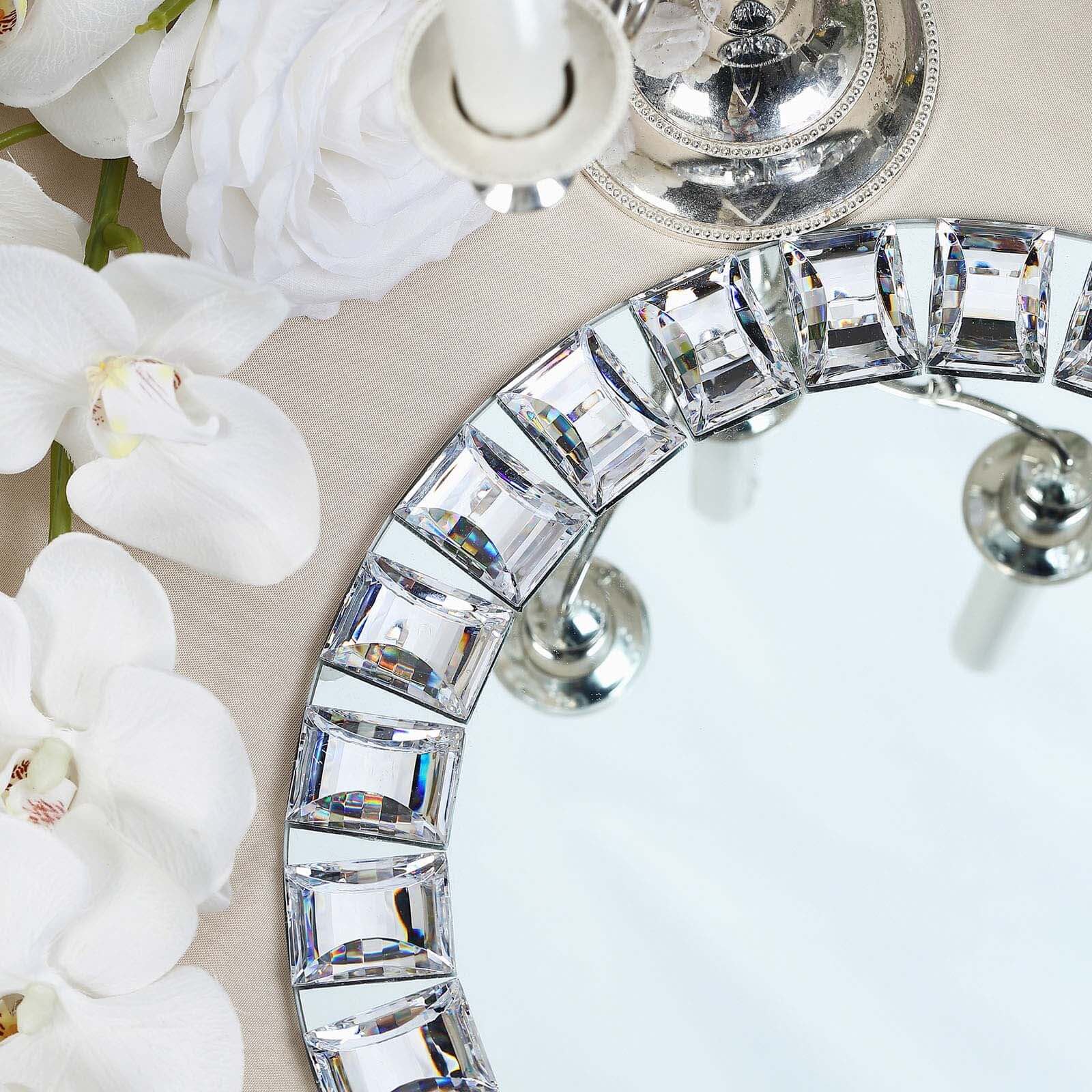 2 - Pack Glass Mirror Round Charger Plates 13" in Silver with Jeweled Rim - Premium Decorative Dinner Party Charger Tableware - Linen Luxes