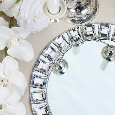 2 - Pack Glass Mirror Round Charger Plates 13" in Silver with Jeweled Rim - Premium Decorative Dinner Party Charger Tableware - Linen Luxes
