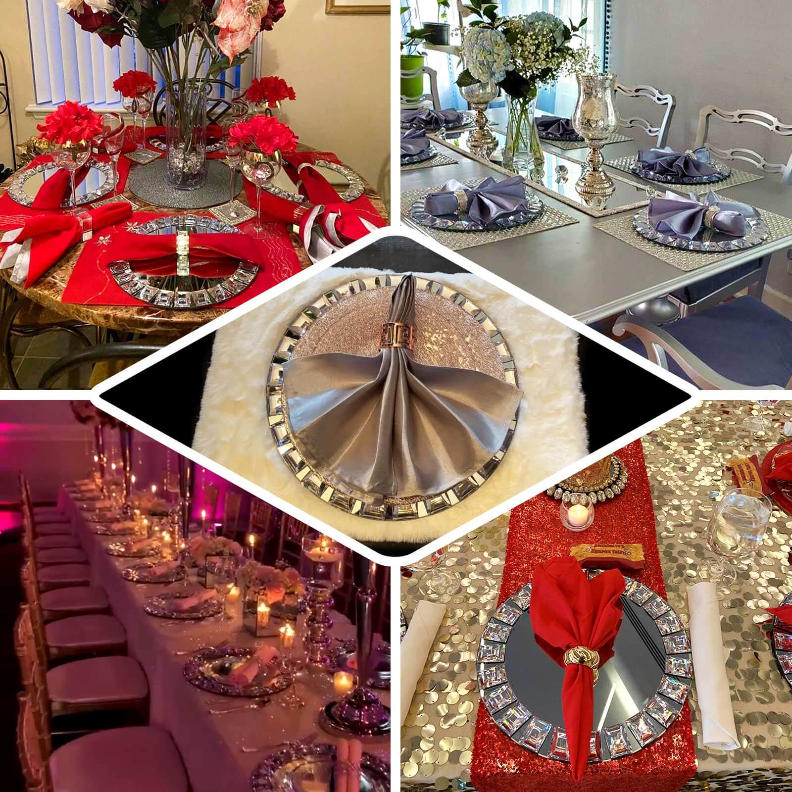 2 - Pack Glass Mirror Round Charger Plates 13" in Silver with Jeweled Rim - Premium Decorative Dinner Party Charger Tableware - Linen Luxes