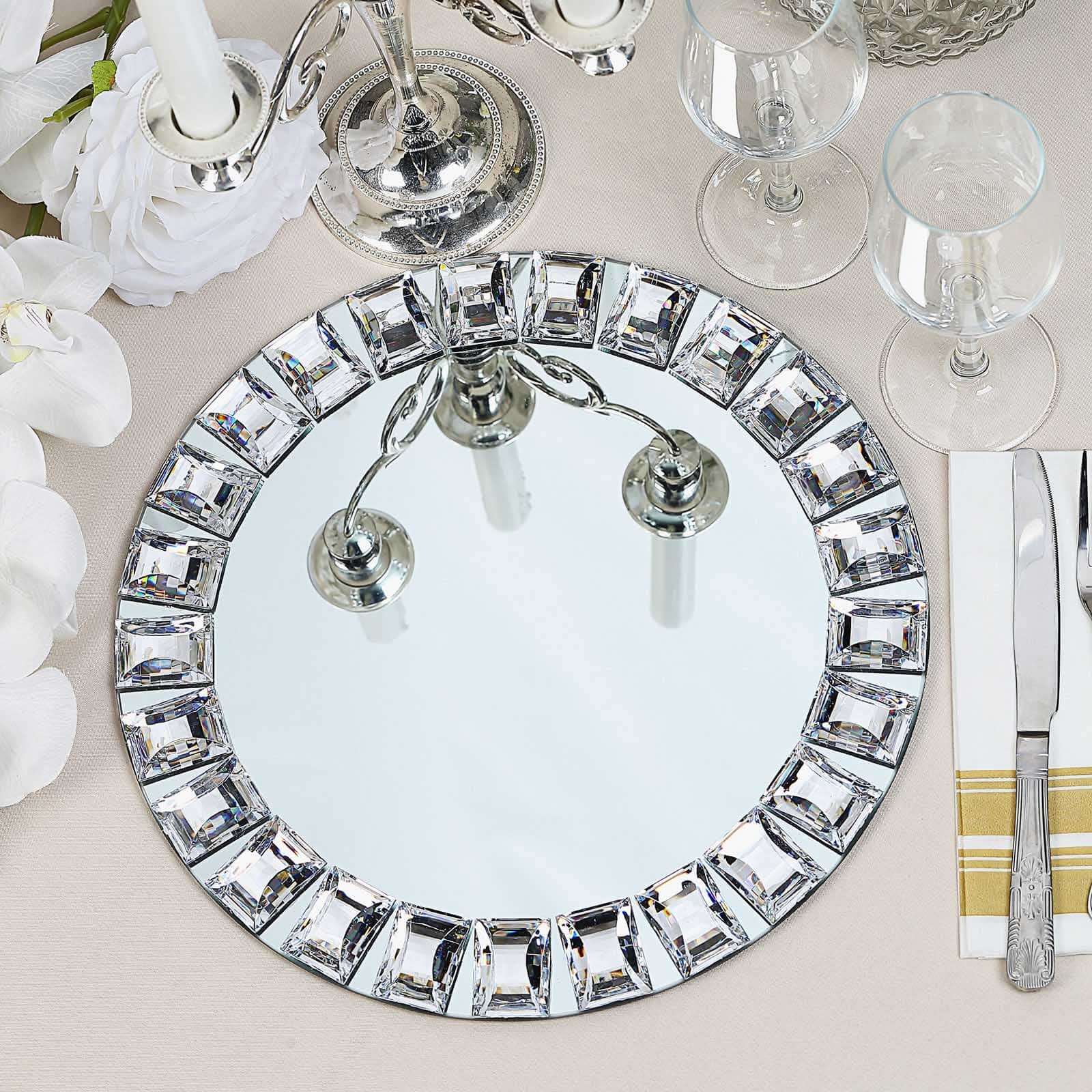 2 - Pack Glass Mirror Round Charger Plates 13" in Silver with Jeweled Rim - Premium Decorative Dinner Party Charger Tableware - Linen Luxes