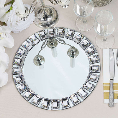 2 - Pack Glass Mirror Round Charger Plates 13" in Silver with Jeweled Rim - Premium Decorative Dinner Party Charger Tableware - Linen Luxes