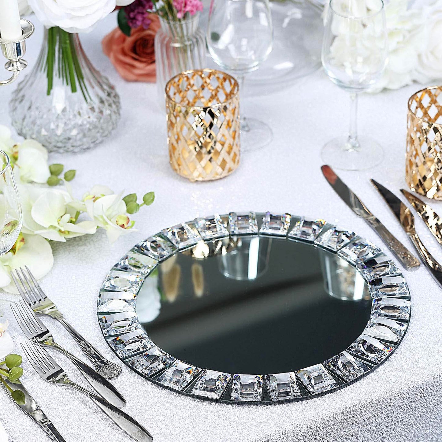 2 - Pack Glass Mirror Round Charger Plates 13" in Silver with Jeweled Rim - Premium Decorative Dinner Party Charger Tableware - Linen Luxes