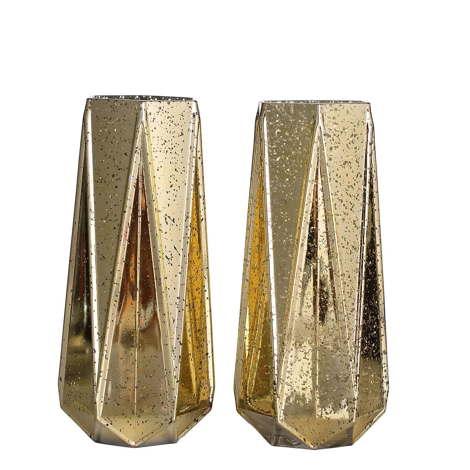 2 - Pack Mercury Glass Vases Geometric Design Gold - Stylish Wedding Floral Centerpieces 8" - Linen Luxes