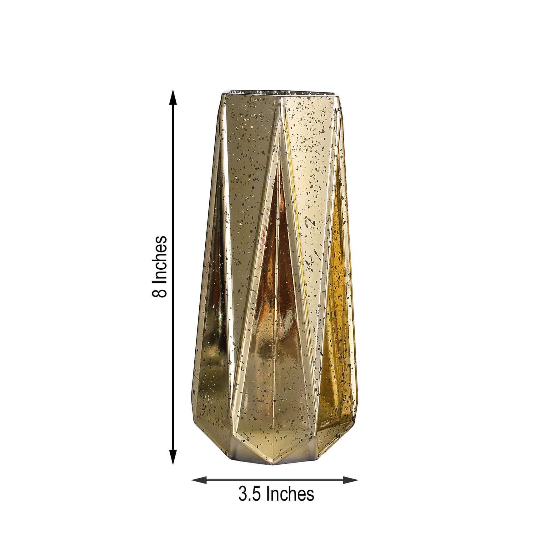 2 - Pack Mercury Glass Vases Geometric Design Gold - Stylish Wedding Floral Centerpieces 8" - Linen Luxes