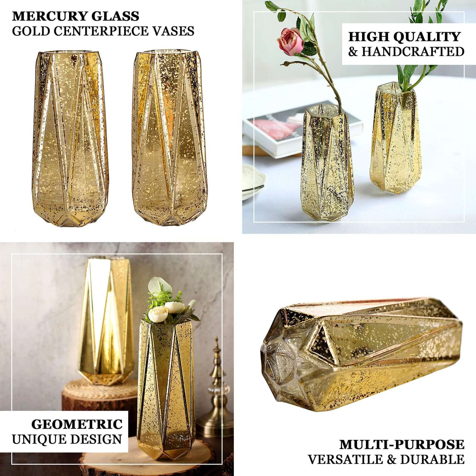 2 - Pack Mercury Glass Vases Geometric Design Gold - Stylish Wedding Floral Centerpieces 8" - Linen Luxes