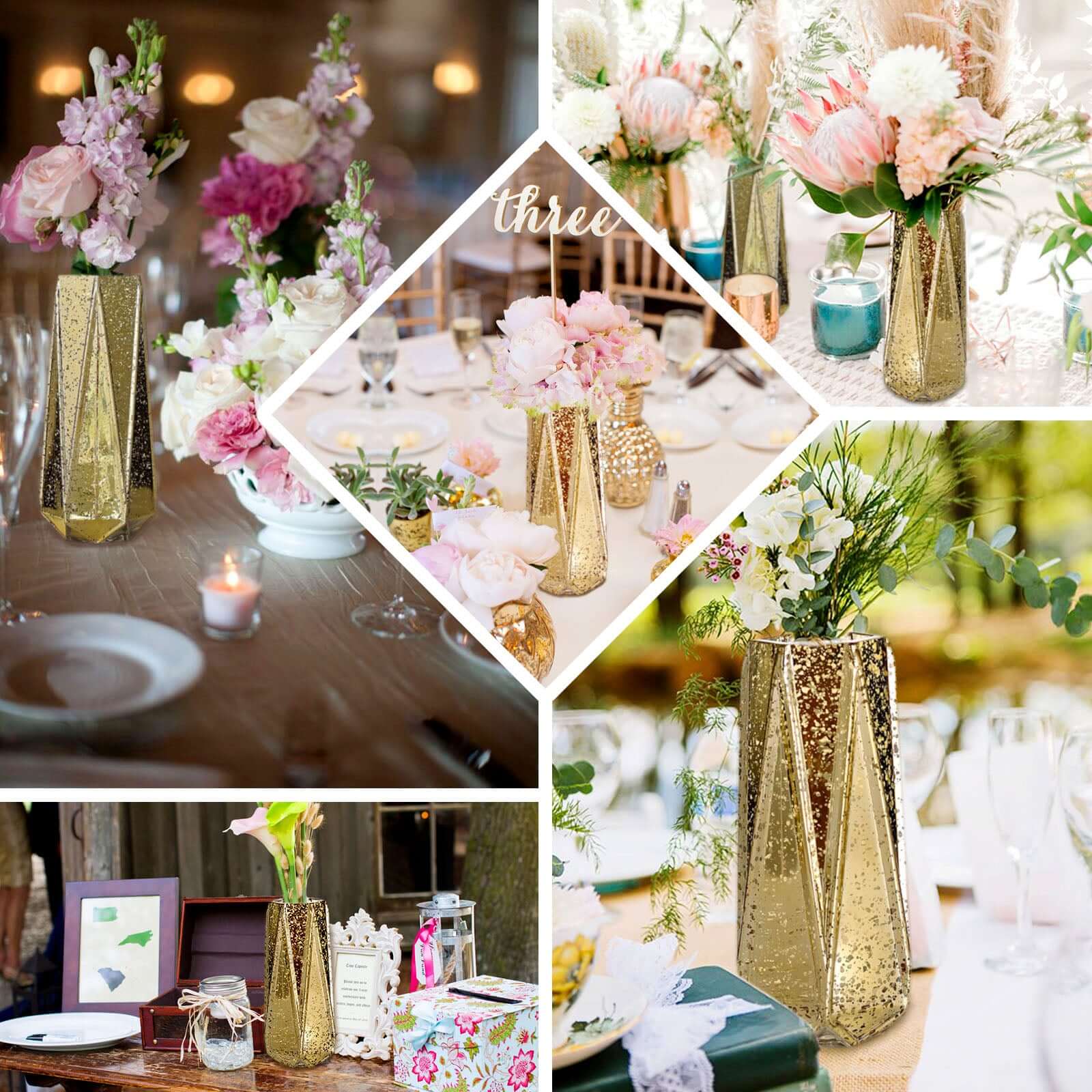 2 - Pack Mercury Glass Vases Geometric Design Gold - Stylish Wedding Floral Centerpieces 8" - Linen Luxes