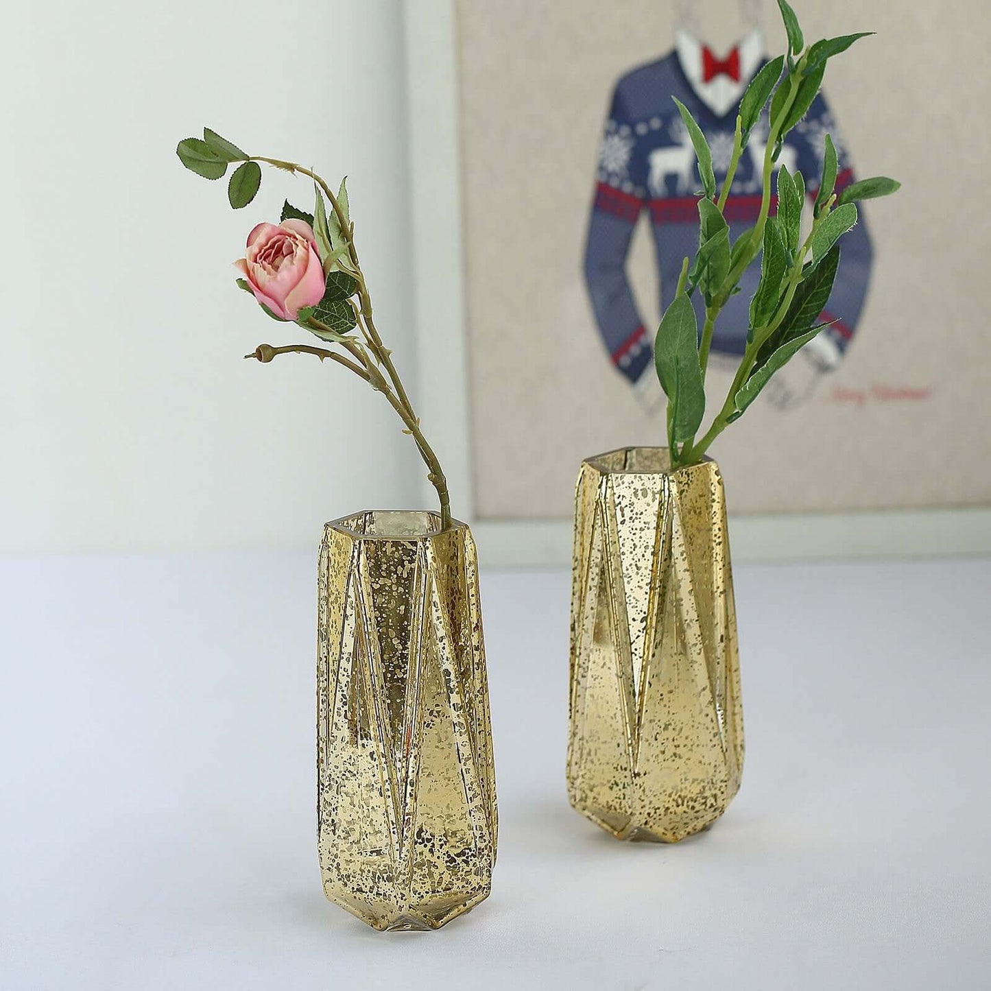 2 - Pack Mercury Glass Vases Geometric Design Gold - Stylish Wedding Floral Centerpieces 8" - Linen Luxes