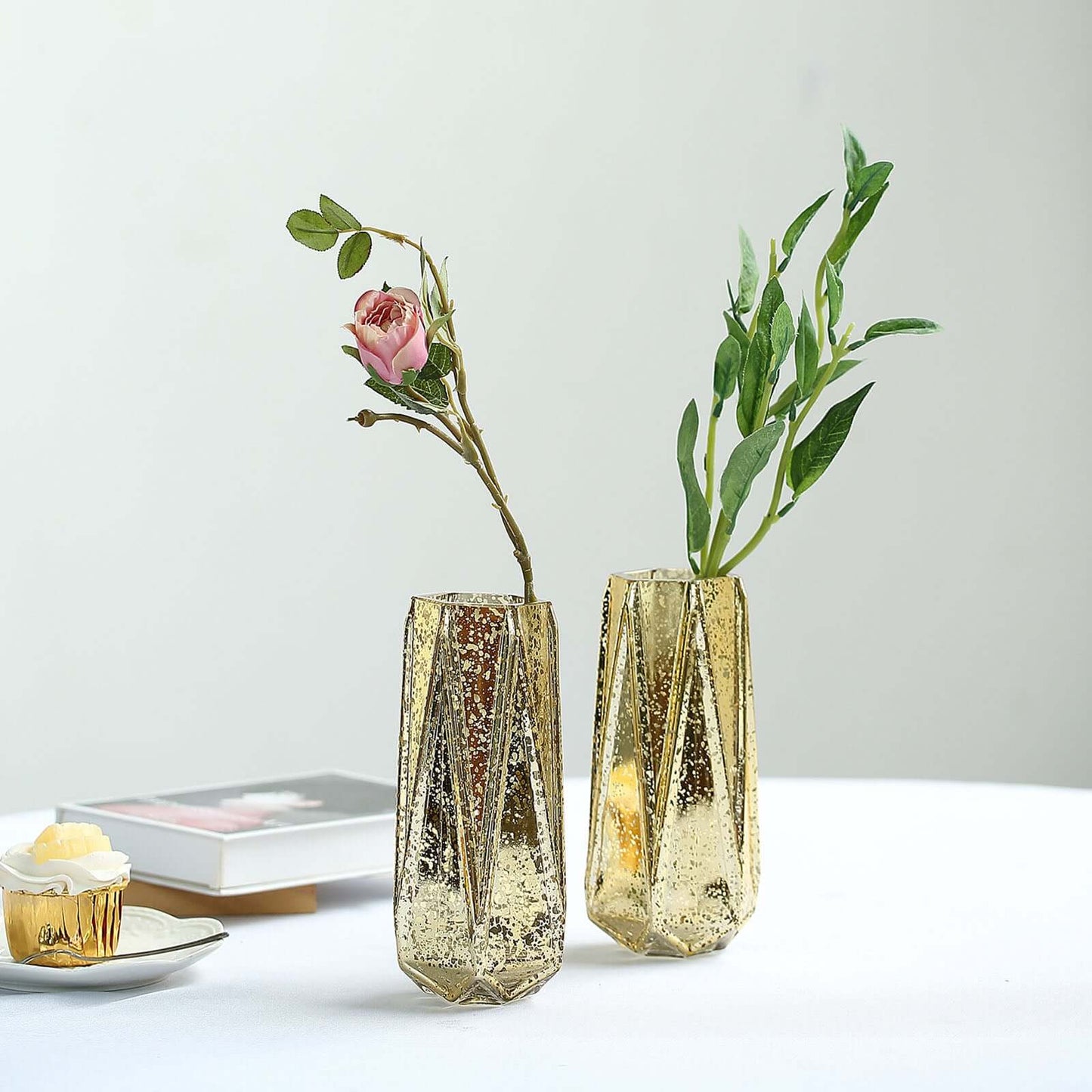 2 - Pack Mercury Glass Vases Geometric Design Gold - Stylish Wedding Floral Centerpieces 8" - Linen Luxes